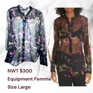 New Dark Floral Print 100% Silk Equipment Shirt Long Sleeved Md-Long Blouses Lg
